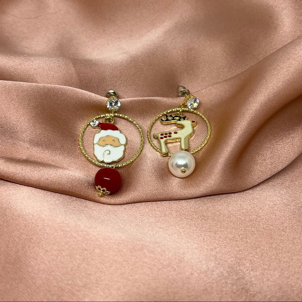 Holiday Christmas Santa & Reindeer Gold Hoop Earrings